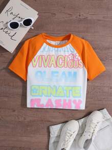 SHEIN Áo thun ngắn in chữ đan nhiều màu cho bé gái tuổi teen - Nhiều màu - Xem 1