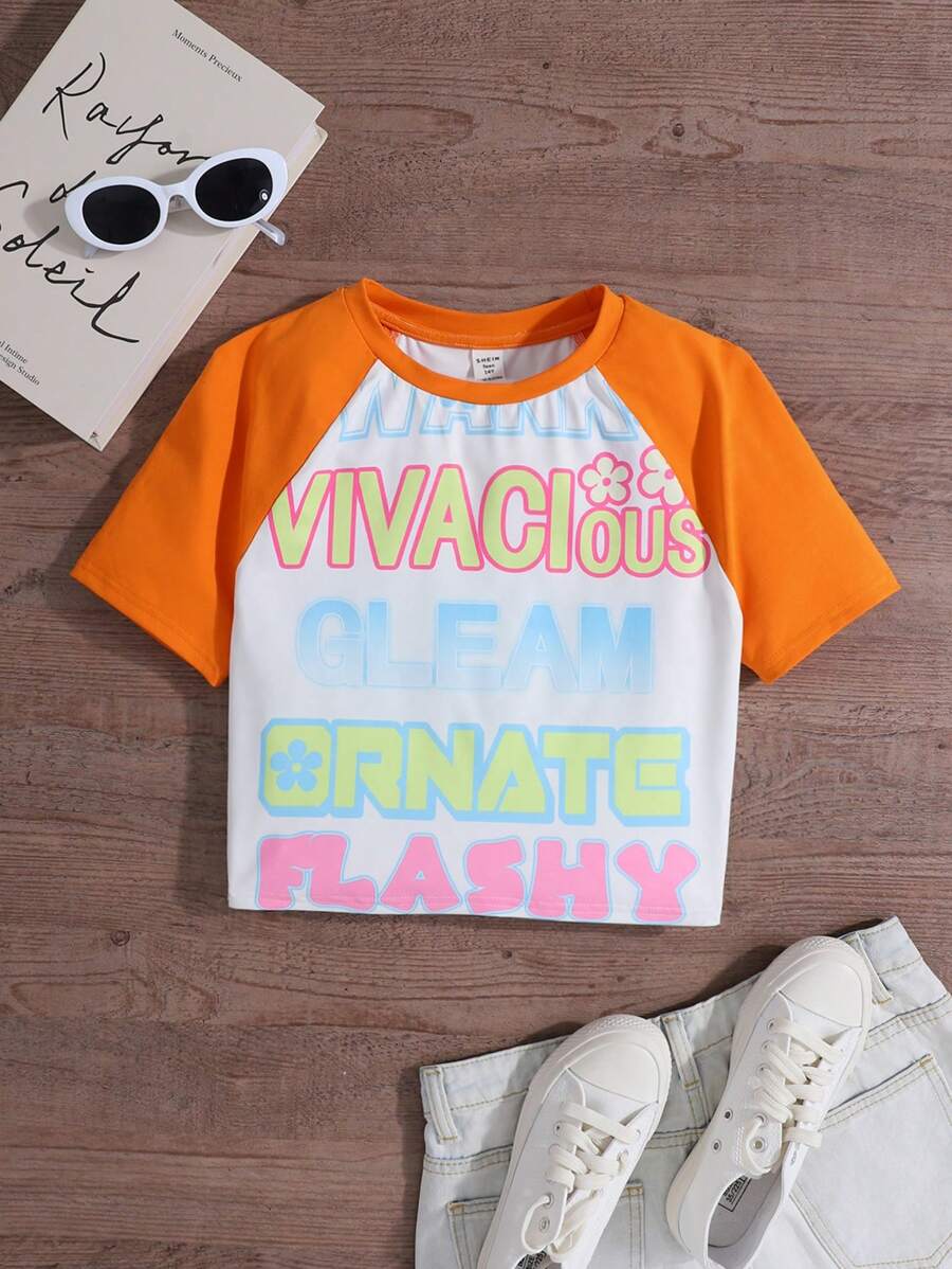 SHEIN Áo thun ngắn in chữ đan nhiều màu cho bé gái tuổi teen - Nhiều màu - Xem 1