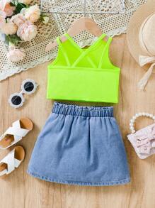 SHEIN Young Girl Cute & Open Shoulder Ribbed Tank Top + Heart Printed Denim Shorts Outfit Set, Summer, School, Campus, College - Green - View 2