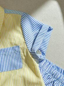 SHEIN Conjunto de cárdigan de manga corta con solapa de bolsillo con parche decorado con bloques de colores y pantalones cortos para bebé niño
