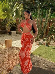 SHEIN SXY Orange Two Pieces Sets Summer Sets Boho Women Clothing Beach Vacation Women Clothes Linen - Orange - View 6