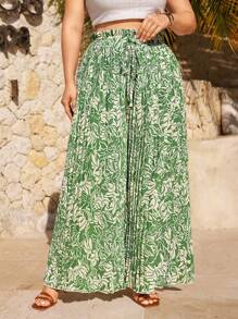 SHEIN Frenchy Plus Size Women's Vacation Plant Print Pleated Loose Wide Leg Pants - Green - View 1