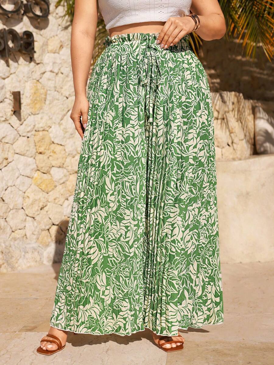 SHEIN Frenchy Plus Size Women's Vacation Plant Print Pleated Loose Wide Leg Pants - Green - View 1