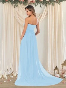 Maternity Tube Top Dress With Long Chiffon Train For Baby Shower Photoshoot - Baby Blue - View 2