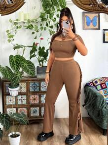 Flirla Plus Size Áo dệt kim tay ngắn khoét rỗng và quần dài tua rua 2 cái/bộ - màu nâu - Xem 6