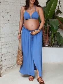 SHEIN Maternity Island Vacation Strap Bikini Sexy Low Waist Skirt 2-Piece Set - Blue - View 6