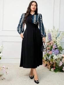 Modelyn Plus Size Women's Stylish Printed Long Sleeve Patchwork Dress