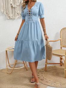 Breezaya Women's Vacation Casual Criss-Cross Strap Puff Sleeve Dress - Light Wash - View 3