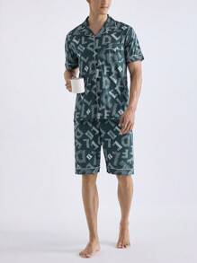 Men's Hyper All Over Print Lapel Button Front Pajama Set With Bermuda Shorts Loungewear - Multicolor - View 4