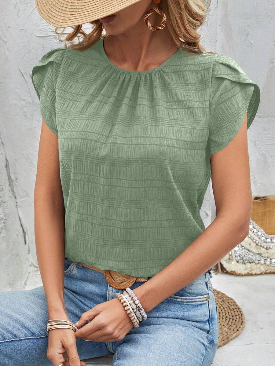 EMERY ROSE Solid Color Petal Sleeve Back Keyhole Blouse - Green - View 1