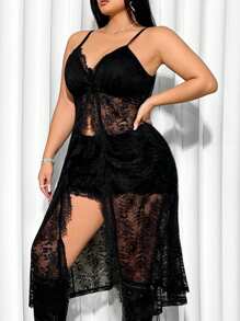 SHEIN ICON 大尺碼蕾絲背心上衣，適合度假和披肩穿搭 - 黑色 - 查看 4