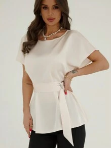 Aloruh 簡約通勤杏色緞面束腰女襯衫，下擺呈鈴蕾狀 - 香檳色 - 查看 6