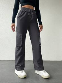 RueChic Drawstring Waist Multi-pocket Long Pants - Grey - View 5