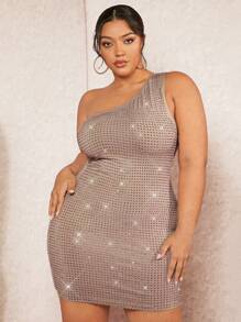 SHEIN BAE Robe moulante épaule oblique kaki grande taille pour femmes avec embellissement complet de strass - Kaki - Voir 1