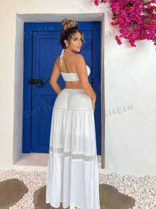 SHEIN SXY Vestidos largos para mujeres, vestido blanco con costura de encaje en el dobladillo para ropa de mujer de vacaciones en la playa - Blanco - Ver 6
