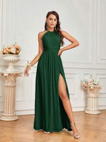 SHEIN Belle Dark Green Spring Elegant Wedding Guest Formal Halter Neck Dress With Ruching,High Thigh Slit,Water-Drop Back&Tie Straps For Bridesmaid Sheer Fabric - Dark Green - View 4