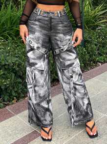 SHEIN SXY Denim Effect High-Waisted Jeans With Hole, 3D Pockets, And Trailing Hem Y2k Grunge Grunge Punk Western Wear Cargo - Black - View 1