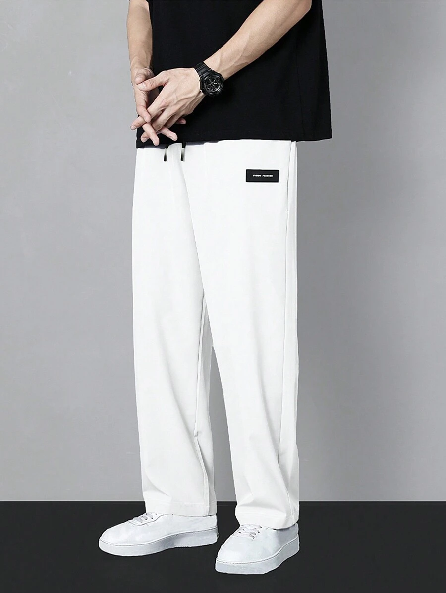 Hombres Pantalones rectos con diseño de parche de letra de cintura con cordón - Blanco - Ver 1