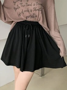 Rok celana pendek kasual warna polos musim panas dengan tali serut dan pinggang elastis, warna hitam. - Hitam - View 6