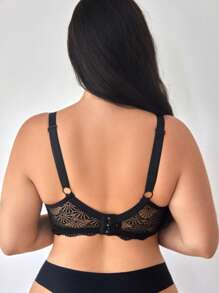 Brassiere inalámbrico de talla grande con encaje de parches, 1 pieza de lencería - Negro - Ver 4