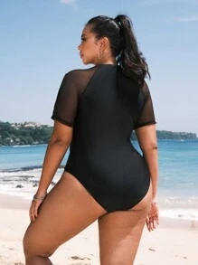 Swim SPRTY Plus Size Women's Simple Solid Color Short Sleeve Zip-Up Surfing Suit Summer - Black - View 2