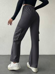 RueChic Drawstring Waist Multi-pocket Long Pants - Grey - View 2