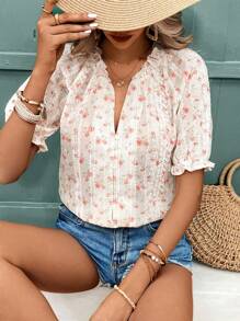 SHEIN Frenchy 女士印花刺繡上衣，輕便氣球袖春夏襯衫，適合日常穿著，花朵襯衫鈕扣式下午茶裝備，夏日服裝及時尚花朵裝飾上衣 - 白色 - 查看 2