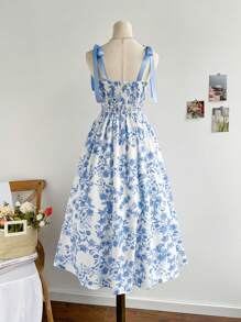 Soleia Váy chữ A kiểu dáng màu xanh và trắng giản dị lãng mạn có thắt lưng cho nữ - Xanh và trắng - Xem 2