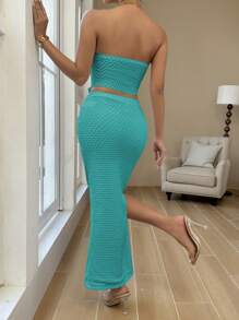 SHEIN Unity Women's Solid Color Strap Holiday Matching Tube Top And Skirt Set - Mint Blue - View 2