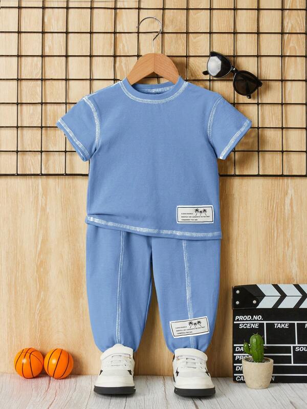 SHEIN Baby Boy Contrast Stitch Decorative Patch Contrast Color Tee And Pants Set, 2pcs