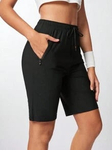 Exploreva Quần short thể thao cạp cao ống đứng cho nữ dùng để chạy bộ và tập luyện Quần short tập thể dục, quần short tập gym, quần short đi xe đạp - màu đen - Xem 5