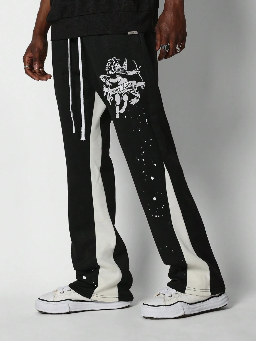 SUMWON Graphic Angel Print Fleece Jogger Pants Relaxed Fit Color Block Side Stripe Athletic Sweatpants With Draw String Fashion Streetwear Fall Winter - Black - View 1