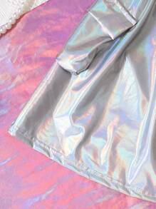 SHEIN Cô gái trẻ thường ngày mát mẻ Áo phông in chữ cô gái trẻ + Váy túi lớn dệt màu bạc óng ánh, Xuân/Hè - trắng - Xem 5