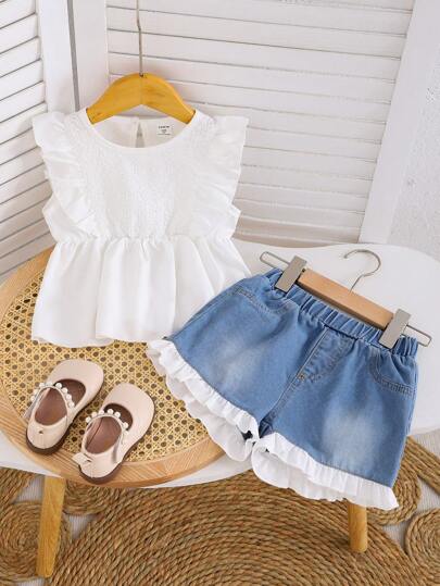 SHEIN Young Girl Fashionable Hollow Out Ruffle Top + Denim Patchwork Lace Shorts 2-Piece Set, School, Campus, College Summer Holiday