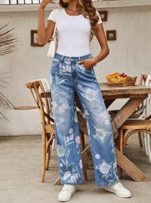 SHEIN LUNE 女士花紋休閒日常搭配直腳牛仔褲