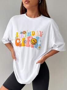 SHEIN EZwear 女士夏季標語卡通印花寬鬆T卹，圓領和垂墜式袖子 - 白色 - 查看 4