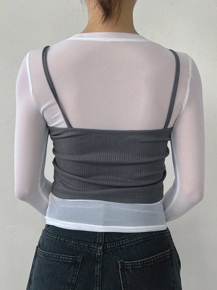 Women's 2pcs/Set Sheer Mesh Long Sleeve Top And Slim Fit Woven Label Top, With Sleeveless Camisole