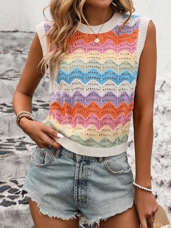 SHEIN LUNE Maglione senza maniche a maglia a strisce ondulate colorate alla moda per donne