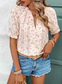 SHEIN Frenchy 女士印花刺繡上衣，輕便氣球袖春夏襯衫，適合日常穿著，花朵襯衫鈕扣式下午茶裝備，夏日服裝及時尚花朵裝飾上衣 - 白色 - 查看 4