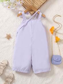 SHEIN Young Girls' Knot Shoulder Romper - Baby Blue - View 2