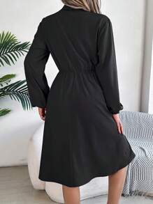 Autumn Lapel Collar Shirt Dress Tie-Waist With Mock Pockets Ruffle Trim Long Sleeve Solid Color Casual Elegance - 黑色 - 查看 2
