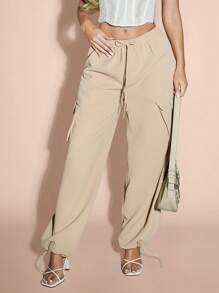 SHEIN BAE Pantalones de verano de carga tipo paracaídas sólido caqui con cordón, puños elásticos, pernera ancha ajustable - Caqui - Ver 1