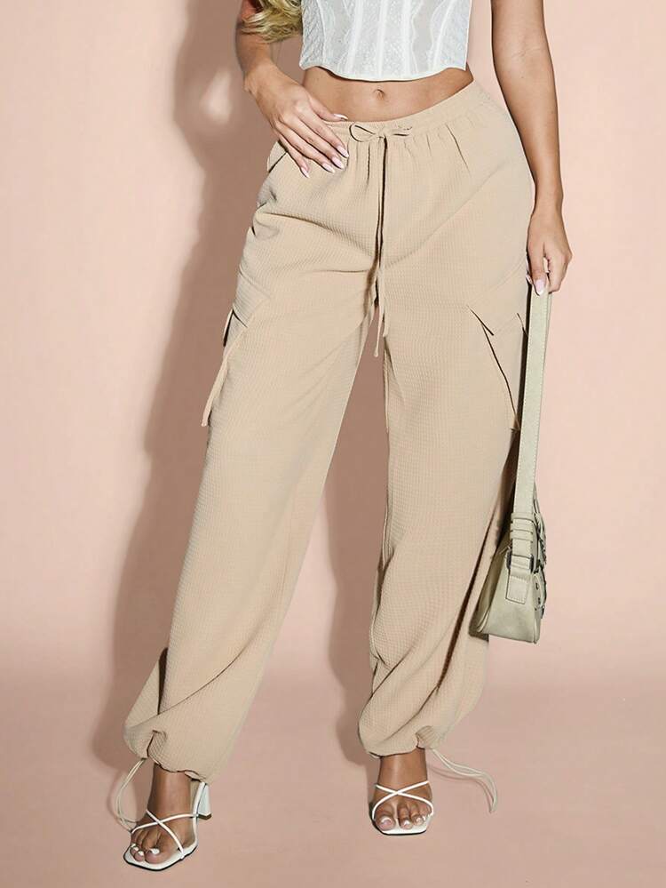 Solid Khaki Parachute Cargo Drawstring Elastic Cuffs Summer Pants, Adjustable Wide-Leg Overalls