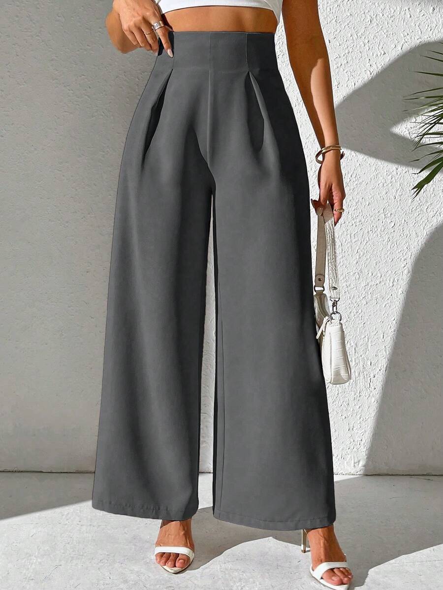 SHEIN PETITE Ladies' Solid Color Simple Daily Trousers Fall Cloth For Women - Grey - View 1