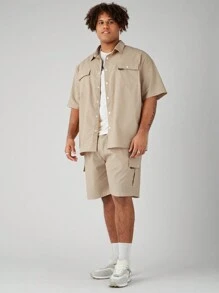 Manfinity VCAY 2 piezas/Conjunto Camisa de trabajo holgada de tejido suelto y talla grande para hombre con mangas cortas caídas y pantalones cortos rectos en la cintura, adecuado para el verano y uso diario