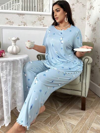 CottageSlumber Plus Size Printed Casual Short Sleeve Top & Long Pants Pajama Set, Summer, Outfits