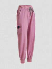 TaskEZ Conjunto de uniforme de enfermería con blusa y pantalón de unicolor de manga corta - Rosa - View 4