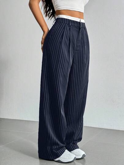 SHEIN EZwear Women's Pleated Striped Wide-Leg Suit Pants With Color Block Waistband In Fall/Winter