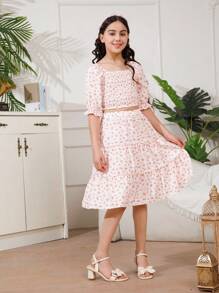 Áo dài tay cổ vuông màu hồng nhạt của Tween Girl và váy chữ A rộng màu hồng nhạt Trang phục phù hợp cho gia đình (4 bộ được bán riêng) - Màu Hồng baby - Xem 3