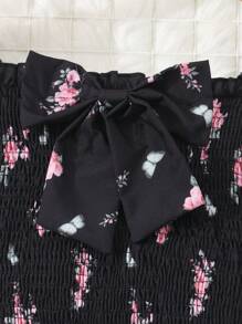 Sparklyn Teen Girl Floral Print Round Neck Short Sleeve Dress - Black - View 5